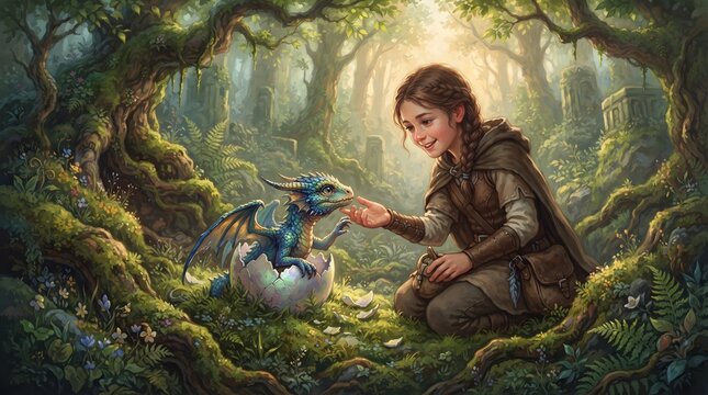 Young Rider Bonding with Newly Hatched Baby Dragon in Ancient Fantasy Nest