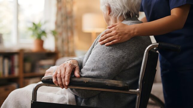 Elderly Person in Wheelchair Receiving Supportive Care from Caregiver