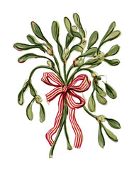 Obraz premium PNG Hand drawn mistletoe wreath with red ribbon on textured paper