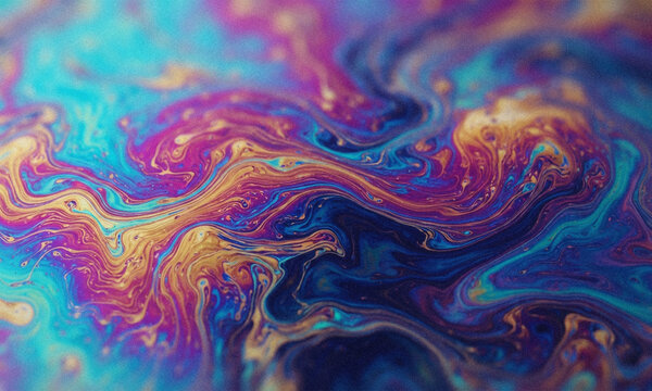 Iridescent oil slick macro texture, colorful psychedelic liquid swirl background, vibrant gasoline film on water surface with rainbow marbling