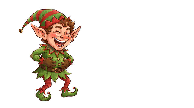 Funny Christmas elf with oversized ears, laughing loudly while holding his belly, mischievous happy expression, green and red festive outfit, playful cartoon character, pure white 