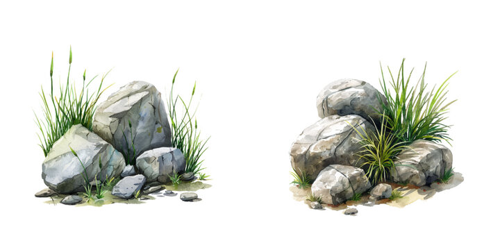 stone and grass watercolor vector illustration