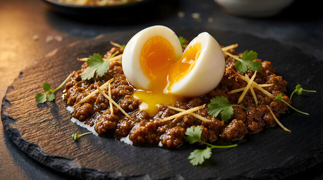 Delicious homemade minced meat dish served with a soft boiled egg cut in half with runny yolk garnished with fresh coriander leaves and ginger strips on a rustic dark slate plate close up view