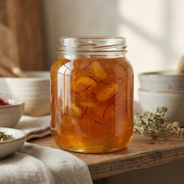 Glass jar filled with golden orange fruit jam and red saffron threads sitting on a rustic wooden table inside a cozy kitchen with ceramic bowls and natural morning sunlight illumination