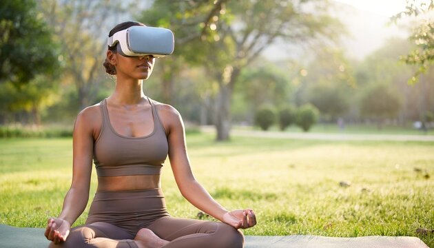 Woman meditating outdoors wearing virtual reality headset, experiencing a peaceful digital world