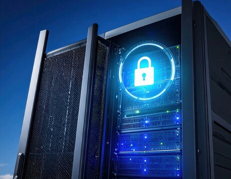 Secure Data Server with Lock Icon Representing Data Protection and Cybersecurity Measures
