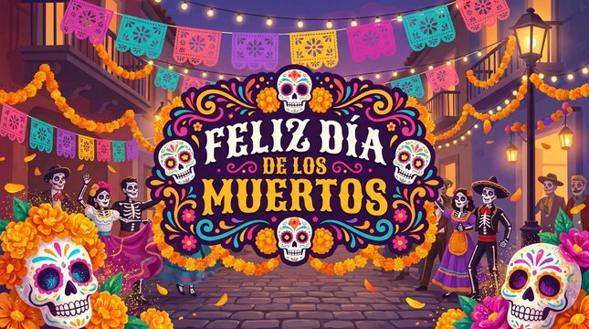 Feliz dia de los muertos celebration banner with skulls and marigolds, marigold