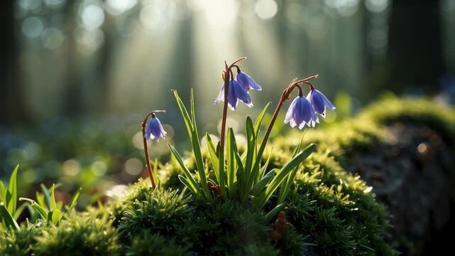 Zarte Glockenblumen im morgendlichen Waldlicht