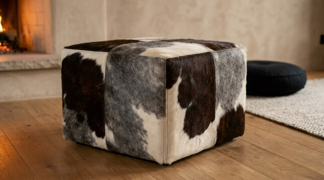 Rustic cowhide ottoman cube in cozy living room, natural hair-on-hide pouf footstool, western style home decor with fireplace