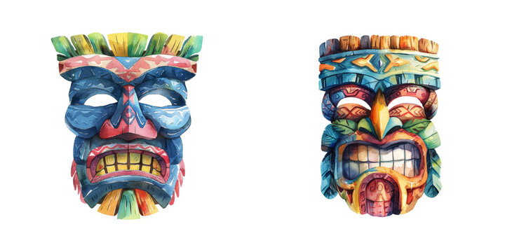 tiki mask watercolor vector illustration