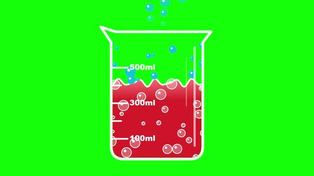 Animated chemistry beaker filled with bubbling red liquid and rising bubbles on a green screen chroma key background