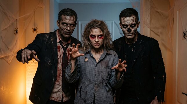 Three people in zombie costumes posing for a portrait in a dimly lit hallway for a halloween event