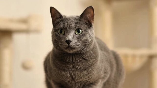 Beautiful grey cat with striking green eyes looking directly at the camera. Adorable domestic feline pet portrait.