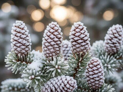 Snow-kissed pine cones on winter branch