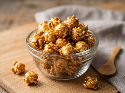 Golden brown sweet caramel popcorn snack served in a small glass bowl on a wooden cutting board perfect for home movie nights