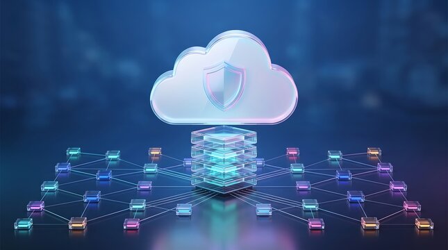 Cloud computing data center concept with glowing shield icon floating above a server rack cluster connected by digital nodes representing secure information storage and protection