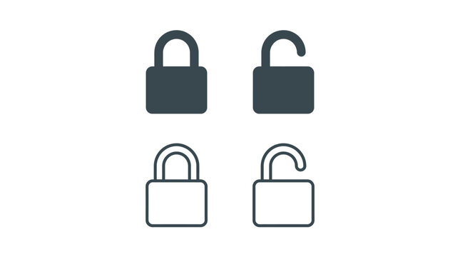 Locked and unlocked padlock vector graphic set featuring simple minimalist icons for digital security interfaces in high-resolution flat style
