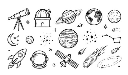 Space and Astronomy Line Icon Set, Galaxy Outline Icons with Telescope, Observatory, Planet, Rocket and Comet Symbols © Mdyounus