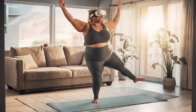 Plus size woman practicing yoga and balance exercises with a virtual reality headset in a bright modern living room home interior