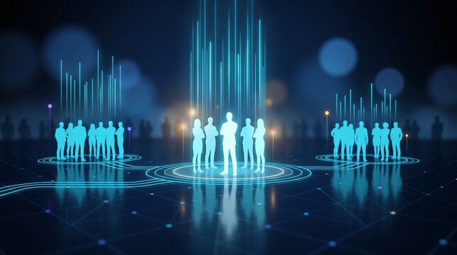 Digital silhouette of business professional standing in center of network nodes with connecting lines and glowing data flow in dark virtual space