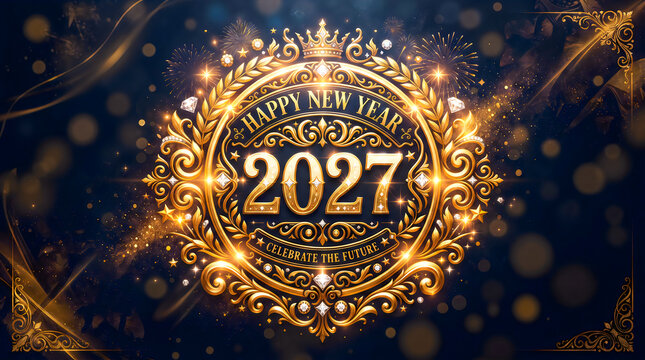 Happy new year 2027 gold ornate circular badge