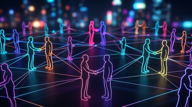 Group of glowing neon human figures shaking hands within a complex digital web representing global business networking and professional interpersonal connectivity