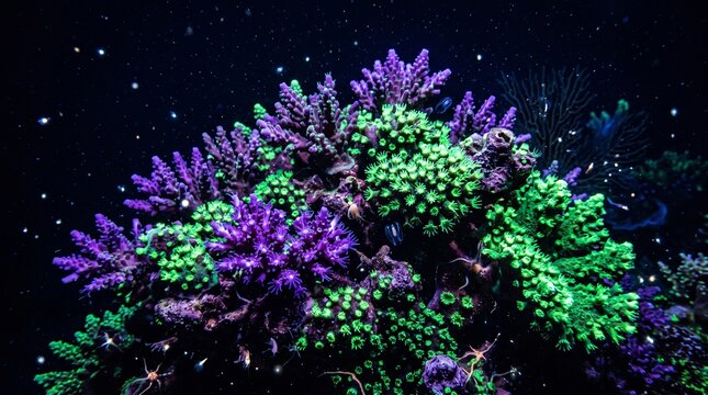 Macro shot of vibrant bioluminescent deep sea coral glowing with neon purple and green tentacles