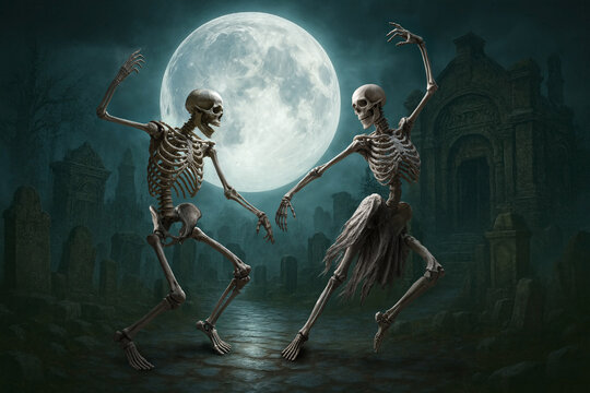 Dancing skeletons under a full moon in a spooky cemetery at night
