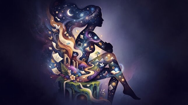 Woman silhouette filled with cosmic landscape, books, nature and creative symbols for imagination, learning and inspiration