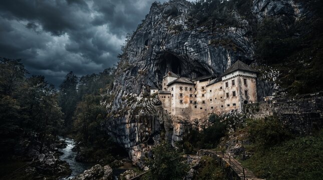 Dramatic View of Predjama Castle Built into a Cave Mouth in a Rocky Cliffside under a Moody Stormy Sky in Slovenia