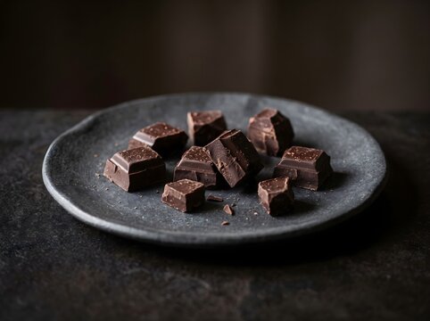 Dark chocolate chunks and pieces served on a rustic black ceramic plate on dark stone background