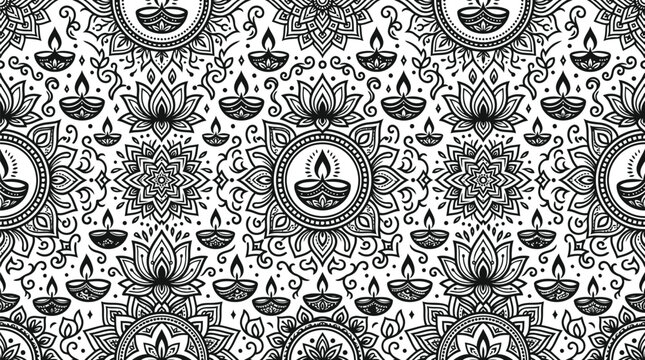 Black and white seamless pattern with traditional indian oil lamps for diwali festival celebration background design