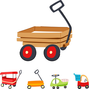 Child's plaything collection featuring a wooden wagon and different small toy cars, carts, and ride on vehicles, inspiring imaginative fun and early development