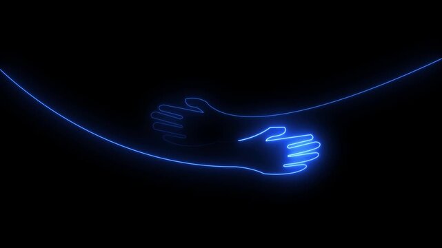 Blue neon continuous line art of hugging hands symbolizing love, support, and human connection