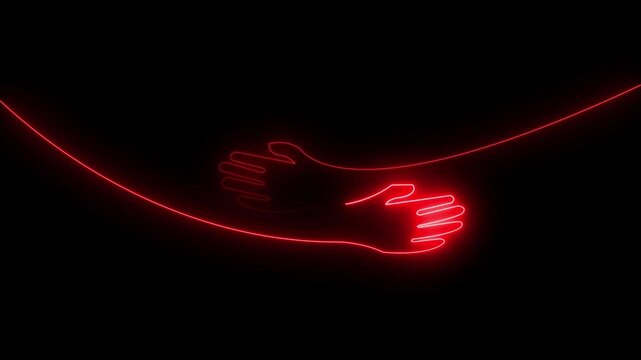 Red neon continuous line art of hugging hands symbolizing love, support, passion, and human connection