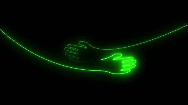 Green neon continuous line art of hugging hands symbolizing hope, healing, support, and human connection
