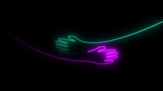 Teal and purple neon continuous line art of hugging hands symbolizing diversity, unity, and human connection