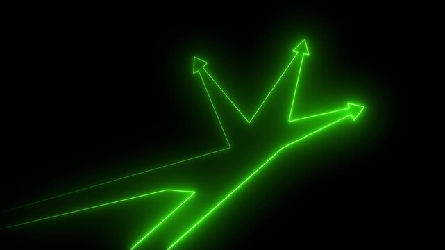 Glowing green neon branching arrows on a black background representing choices, decisions, and directional paths.