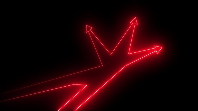 Glowing red neon branching arrows on a black background representing choices, decisions, and directional paths.