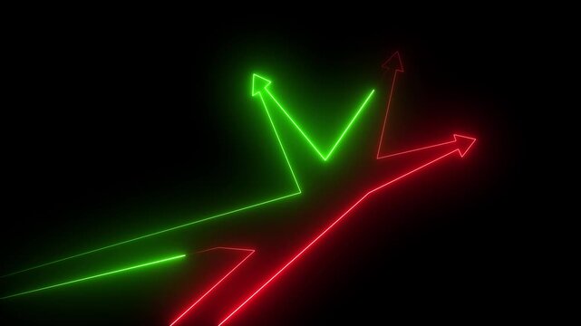 Glowing green and red neon branching arrows on a black background representing choices and decisions.