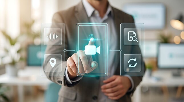 Business professional interacting with digital video call interface on transparent touch screen in modern office environment with blurred background and sleek user experience elements