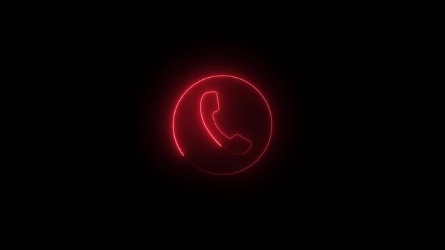Glowing red neon phone icon inside a circle on black background for customer service, communication, hotline support, and contact us.