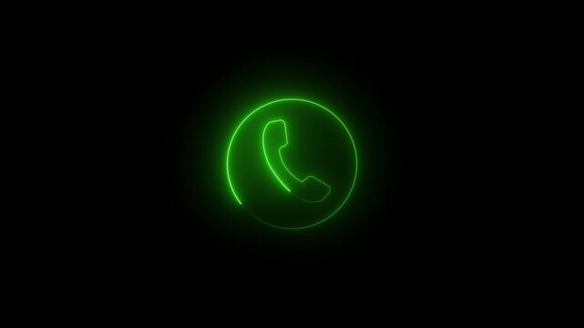Glowing green neon phone icon inside a circle on black background for customer service, communication, hotline support, and contact us.