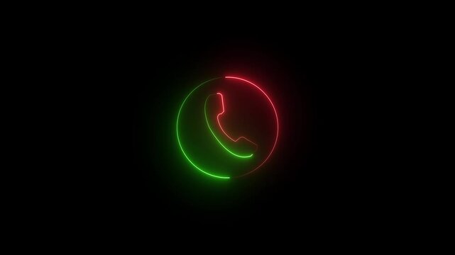 Glowing red and green neon phone icon inside a circle on black background for communication, customer support, and hotline contact.