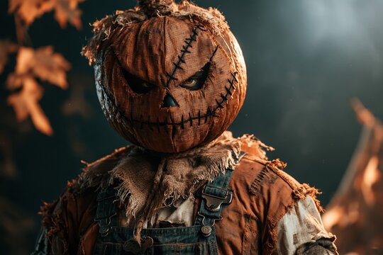 Spooky pumpkin scarecrow character wearing a stitched fabric mask for a festive Halloween celebration