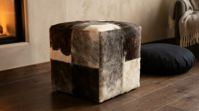 Rustic cowhide pouf ottoman on wooden floor, luxury patchwork leather footstool, cozy living room interior with fireplace