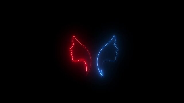 Glowing red and blue neon outlines of two female profiles facing away from each other on a solid black background.