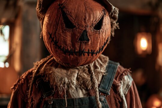 Spooky pumpkin scarecrow costume with a stitched fabric mask for a festive Halloween celebration