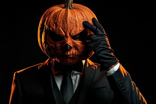 A sophisticated character with a carved pumpkin head wearing a formal black suit and gloves