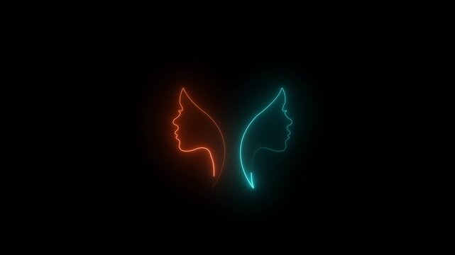 Glowing orange and cyan neon outlines of two female profiles facing away from each other on a solid black background.